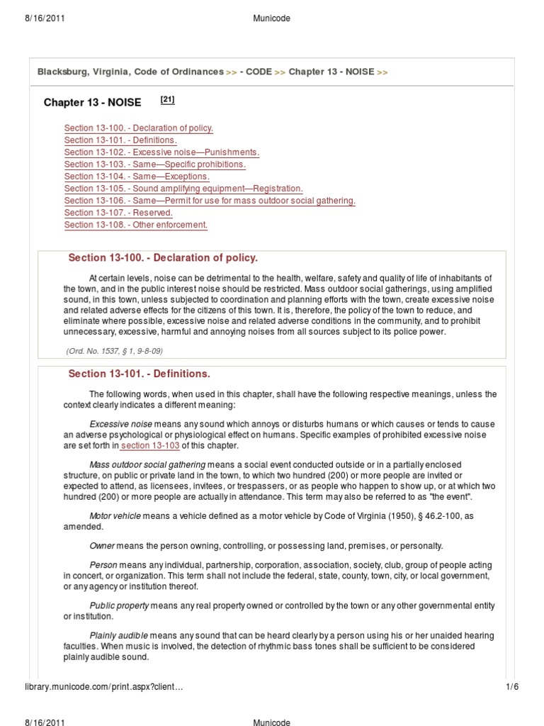 Blacks Burg VA Noise Ordinance PDF Noise Sound