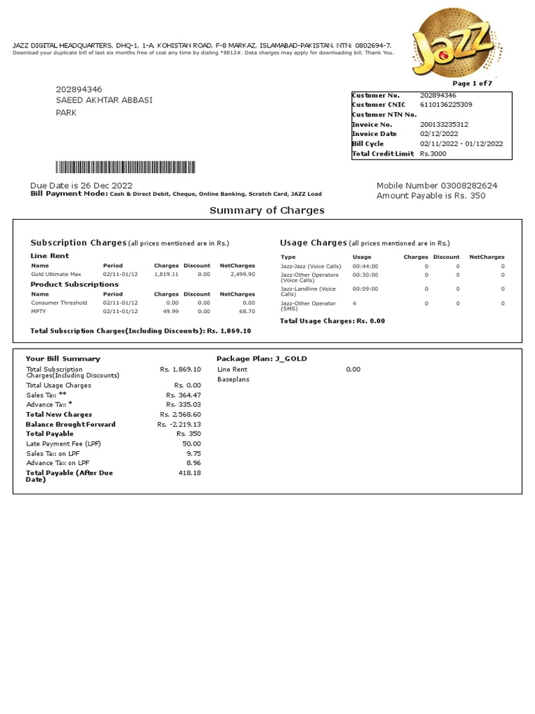 Manage your Jazz mobile account and view past bills online with ease