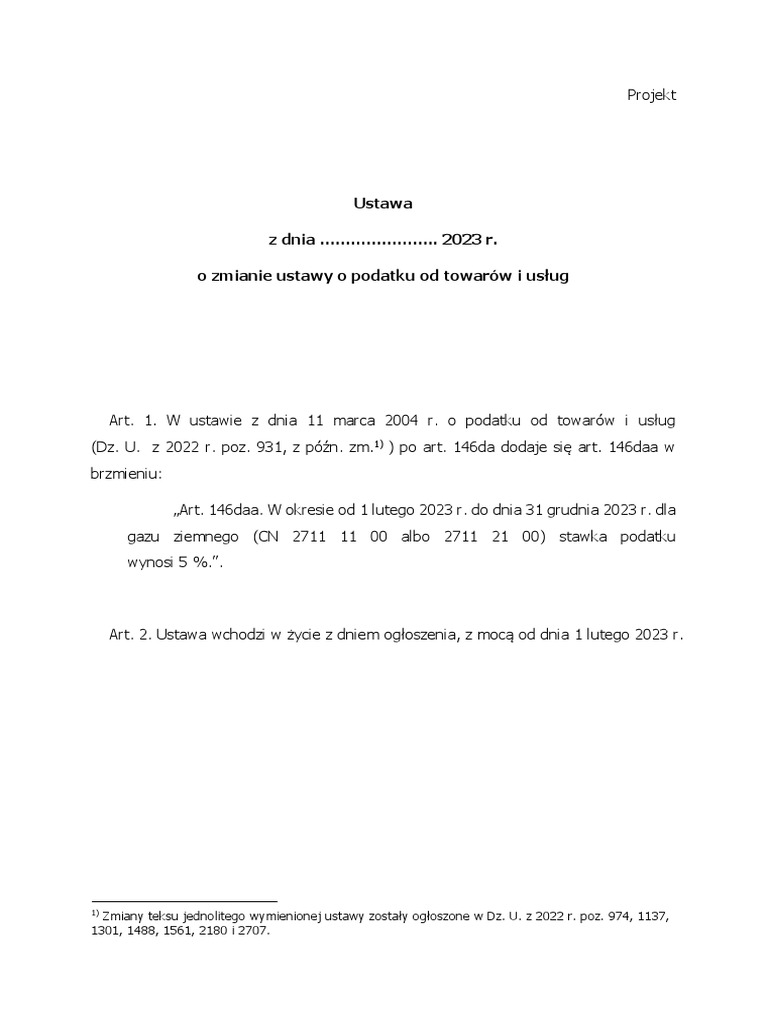 Ustawa Z Dnia .. 2023 R. o Zmianie Ustawy o Podatku Od Towarów I Usług