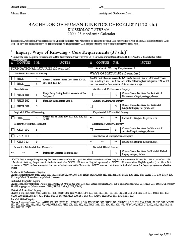 HKIN KInesiology Checklist PDF