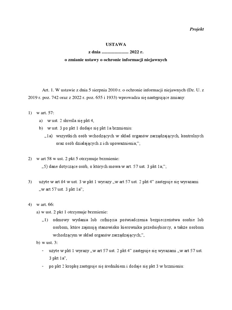 Ustawa Z Dnia.................... 2022 R. o Zmianie Ustawy o