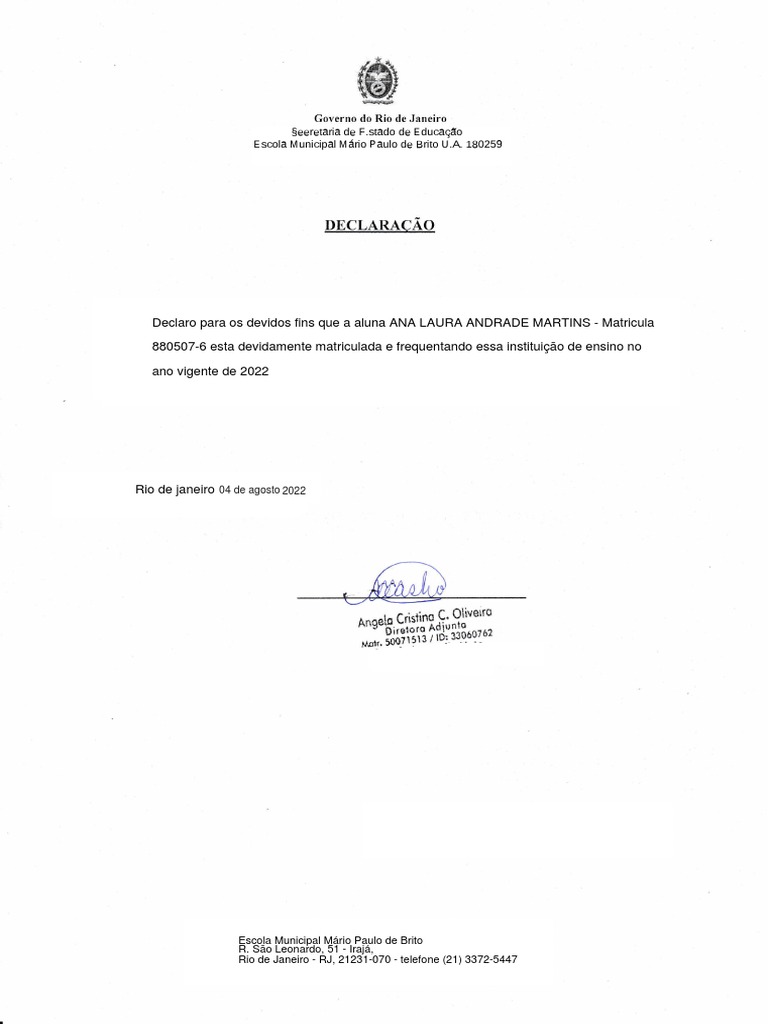 Certidão Escolar Rio de Janeiro | PDF | Brasil
