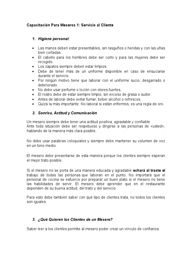 Capacitación en Servicio al Cliente para Meseros | PDF | Camareros ...