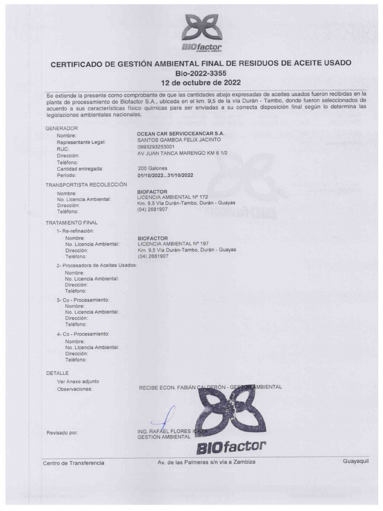 Certificado de Desechos Biofactor | PDF