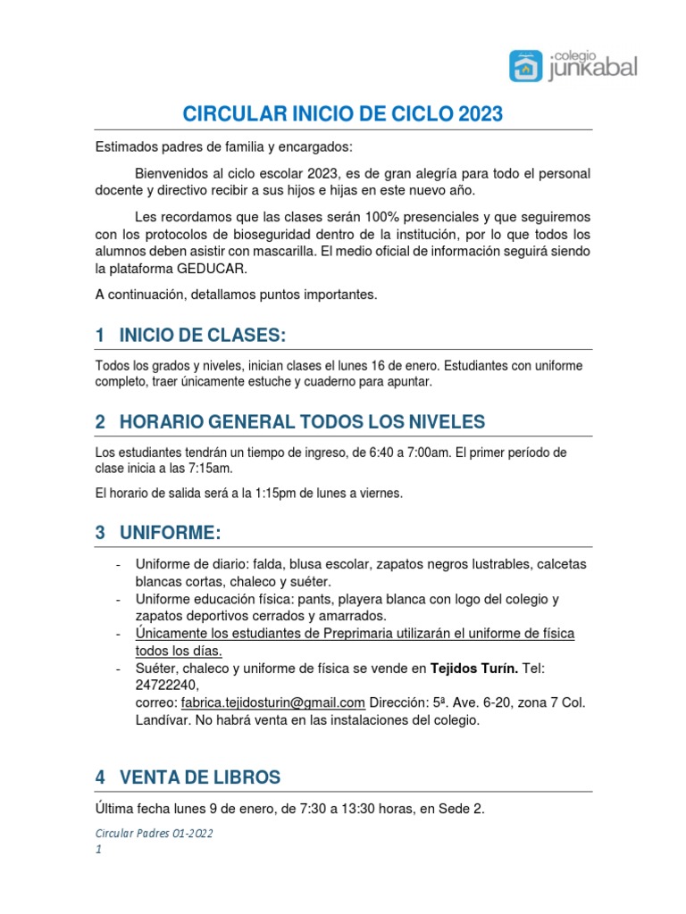 Circular Inicio Ciclo Escolar 2023 | PDF