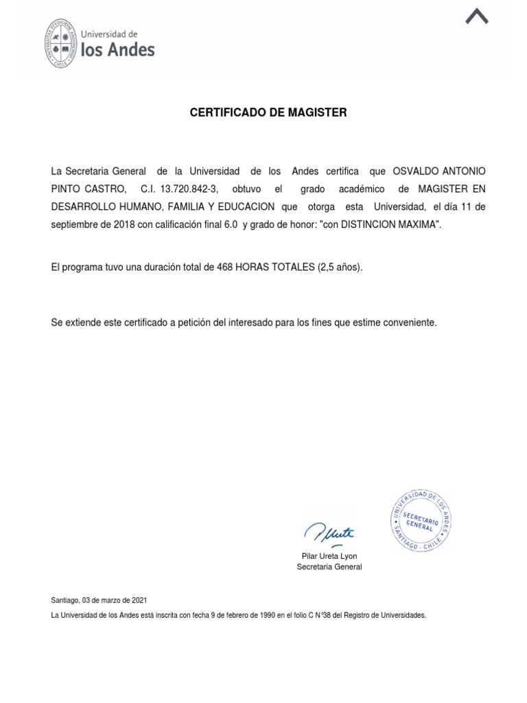 Certificado - Osvaldo Pinto - Magister | PDF