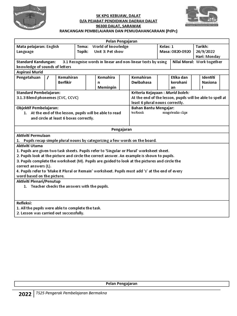 Planning English Language Lessons Teaching Plural Nouns and Listening
