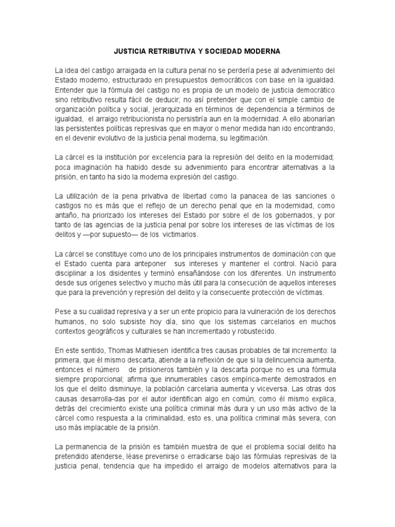 Justicia Retributiva y Sociedad Moderna PDF Derecho penal Castigos