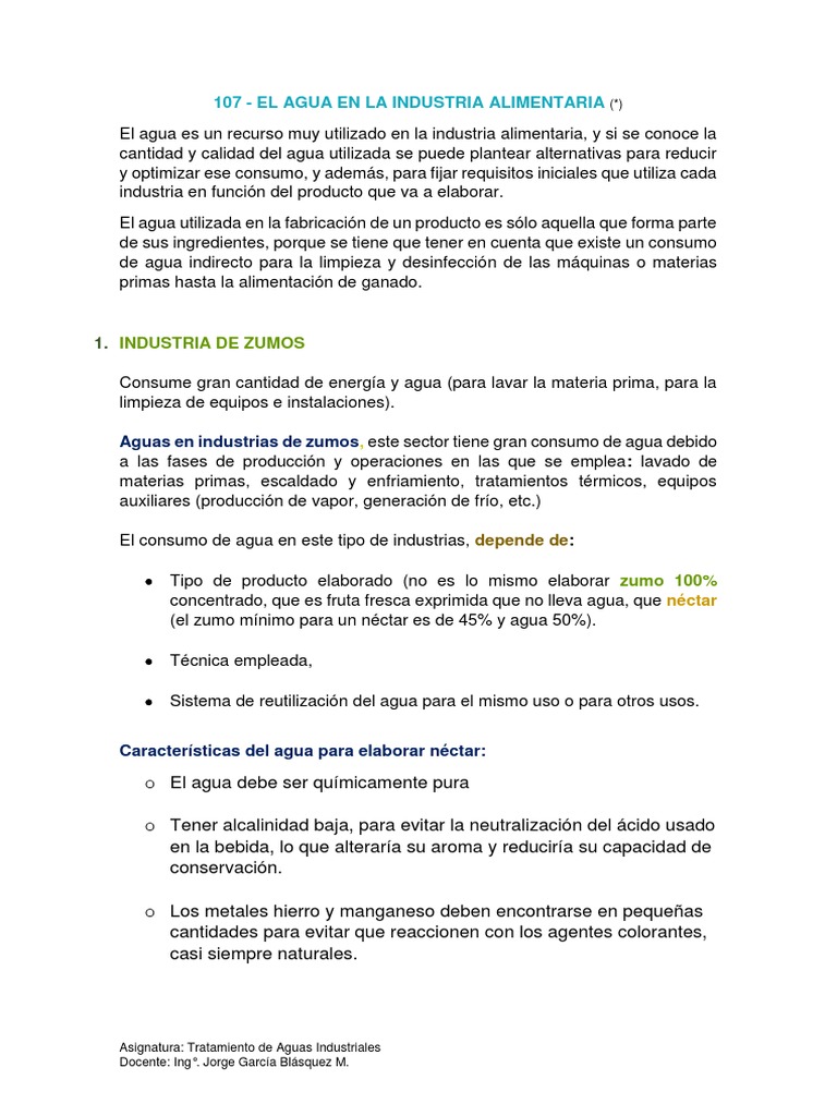 Uso y tratamiento del agua en alimentos | PDF | Agua | Aguas residuales