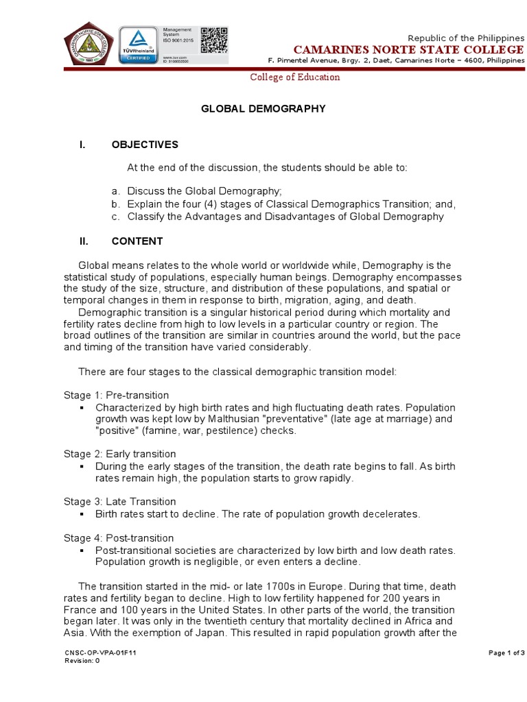 Final Discussion Paper On Global Demography PDF Demography Population