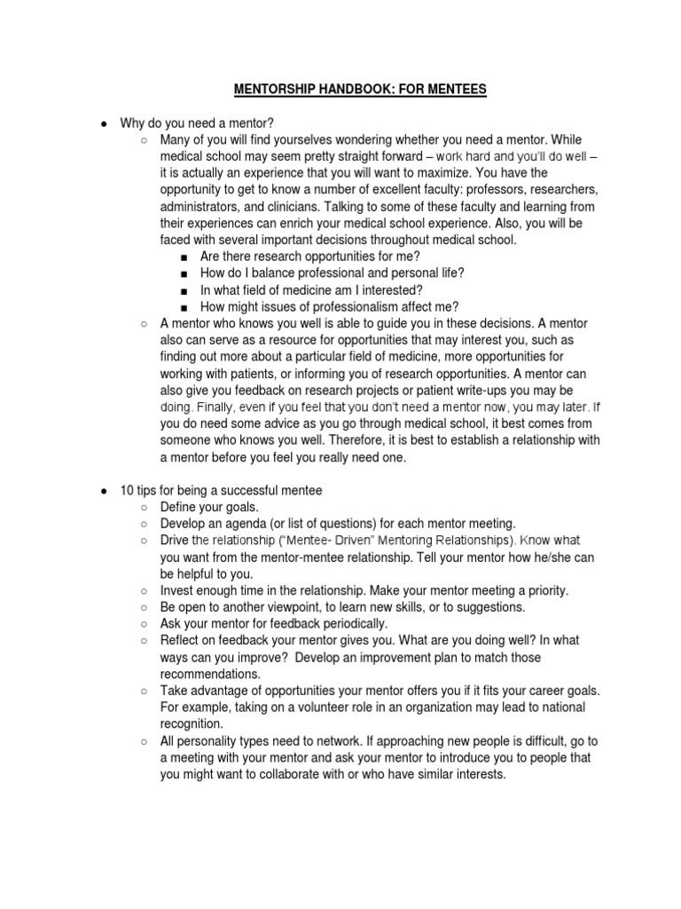 Mentorship Handbook (For Mentees) | PDF | Mentorship | Health Care