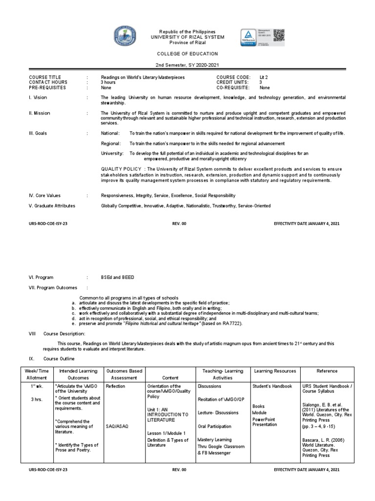 Lit 2 Readings On Worlds Literary Masterpieces Pdf Lecture Iliad