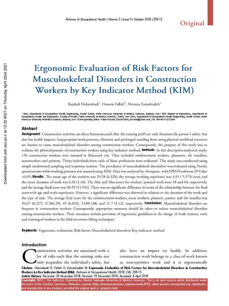 Ergonomic Evaluation of Risk Factor For MSD in Construction Worker ...