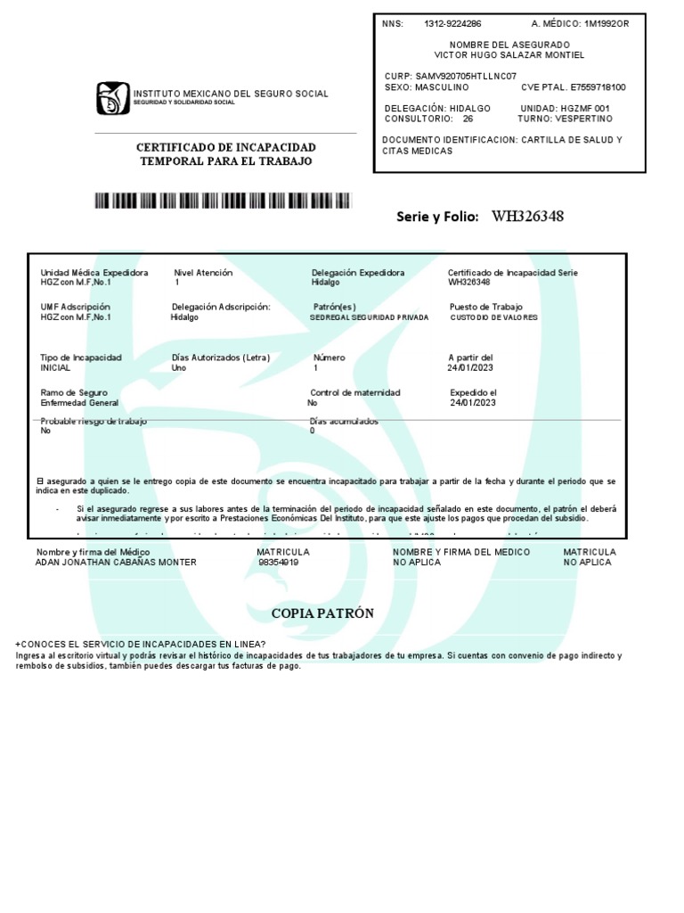 Certificado de Incapacidad IMSS 2023 | PDF