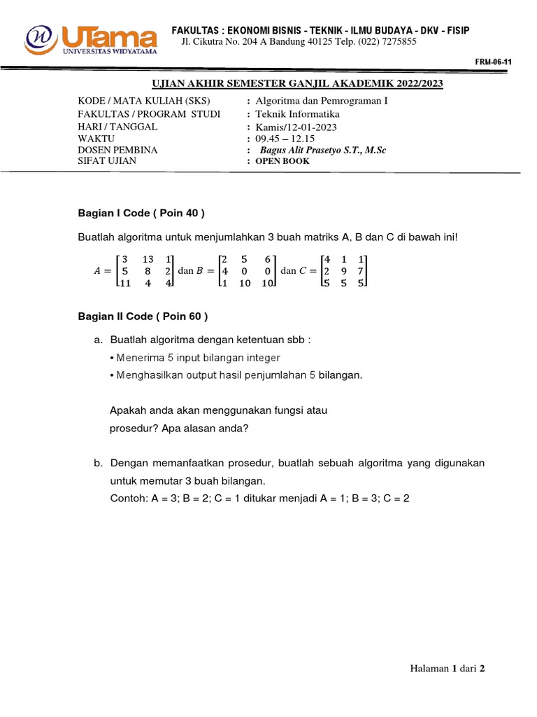 Soal UAS (Algoritma Dan Pemrograman I) Reg A Kelas A 2022-23 | PDF