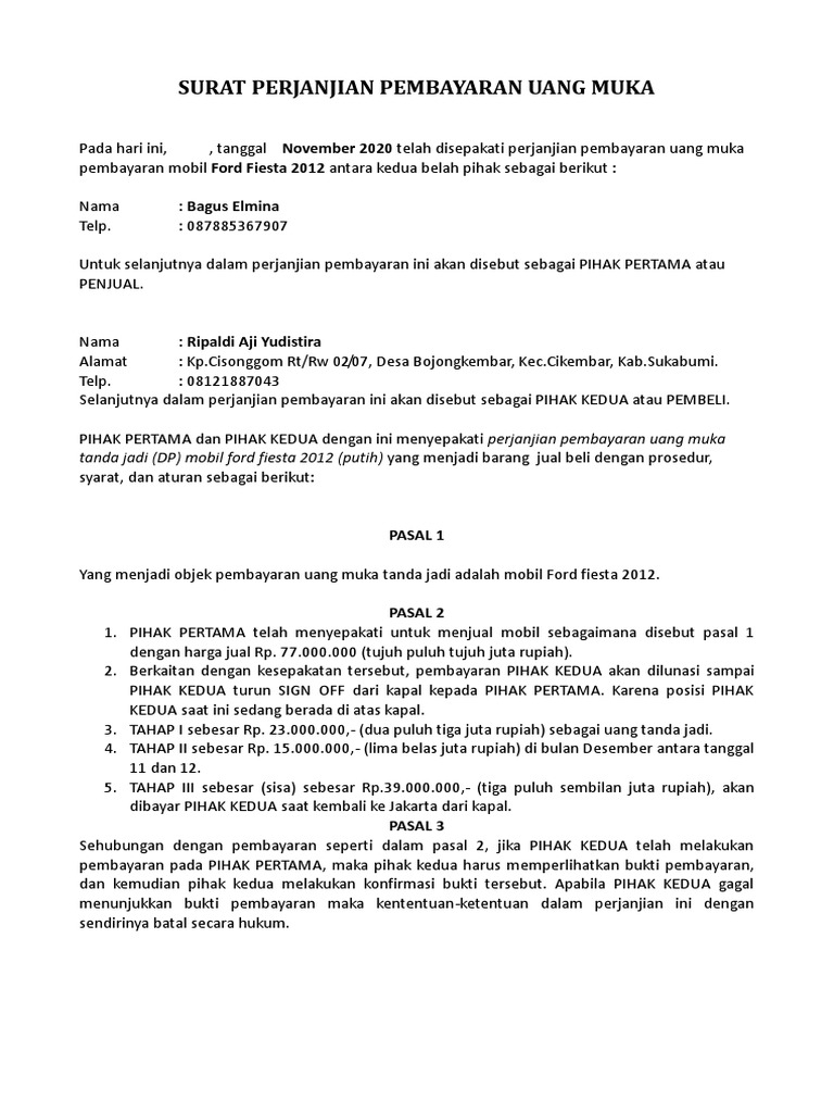 Surat Perjanjian Pembayaran Uang Muka DP Tanda Jadi Mobil PDF