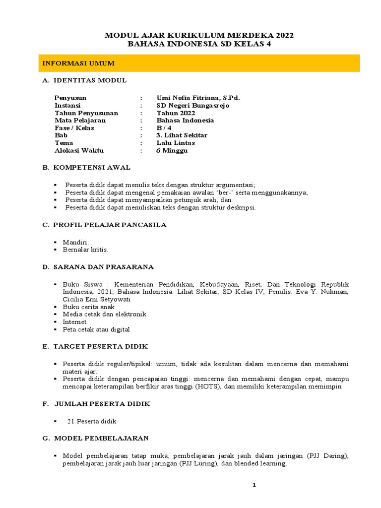 Modul Ajar Bahasa Indonesia SD Kelas 4 | PDF | Karier & Perkembangan ...