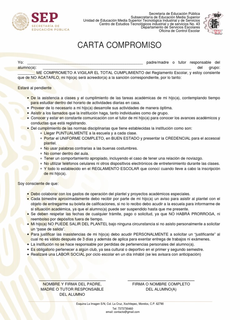Carta de Compromiso Escolar para Padres | PDF