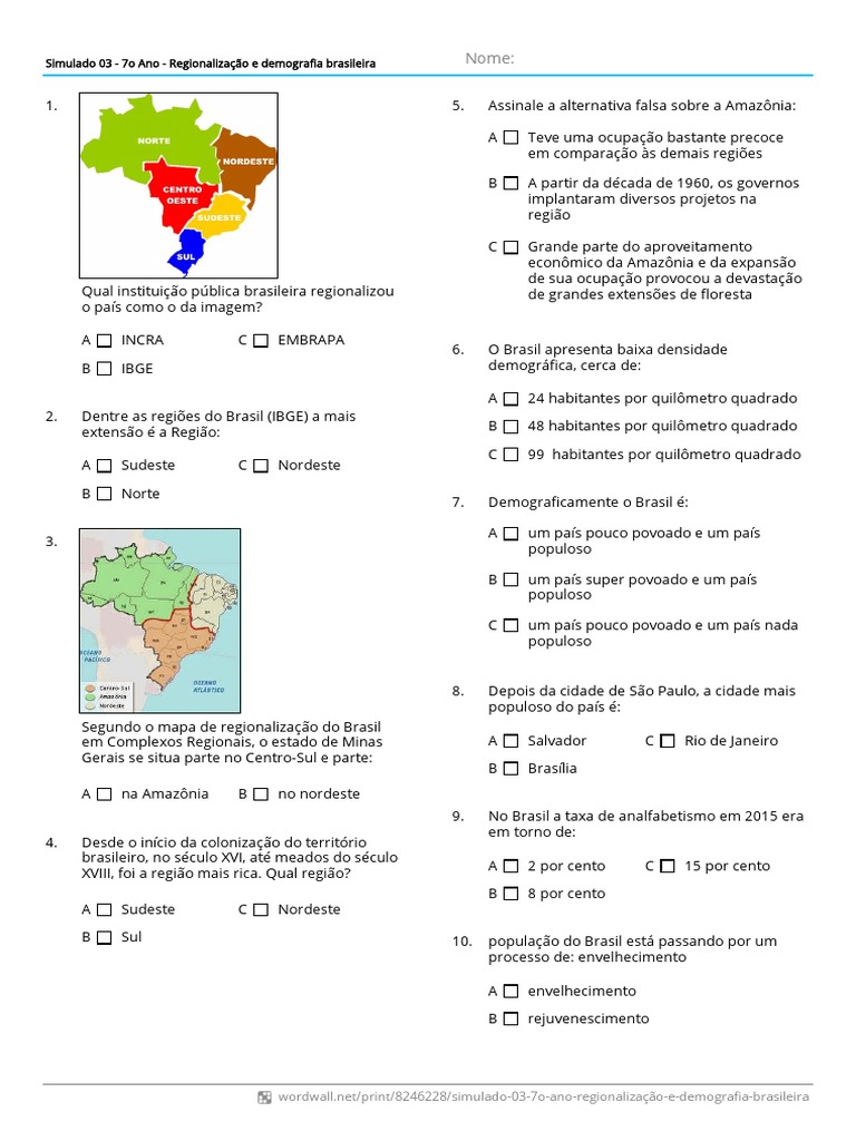 Simulado 03 7o Ano Regionalizaç ã o e Demografia Brasileira Quiz | PDF ...