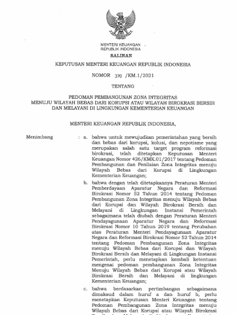 KMK-370-KM1-2021 Pedoman ZI WBK | PDF