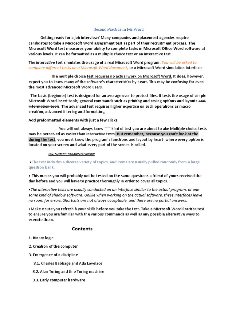 You Will Be Asked To Complete Different Tasks On A Microsoft Word