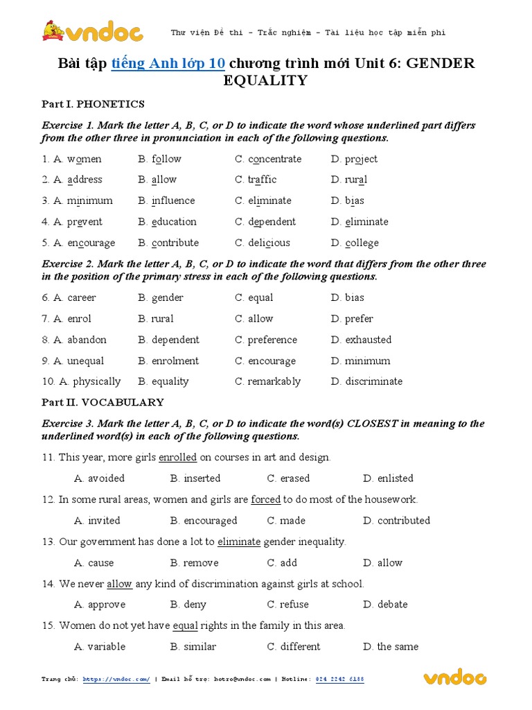 Bai Tap Tieng Anh Lop 10 Chuong Trinh Moi Unit 6 | PDF | Gender ...