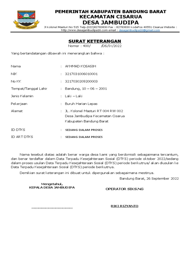 Surat Keterangan BDT Format Keterangan DTKS Baru PDF