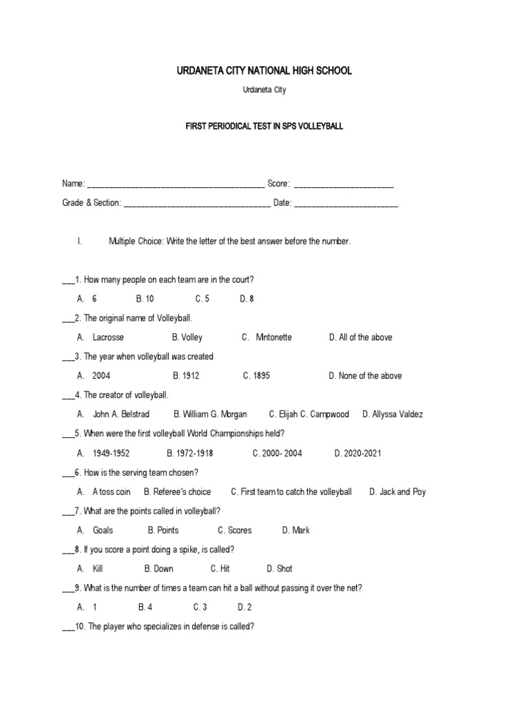 1st Quarter Volleyball Test | PDF | Volleyball | Team Sports