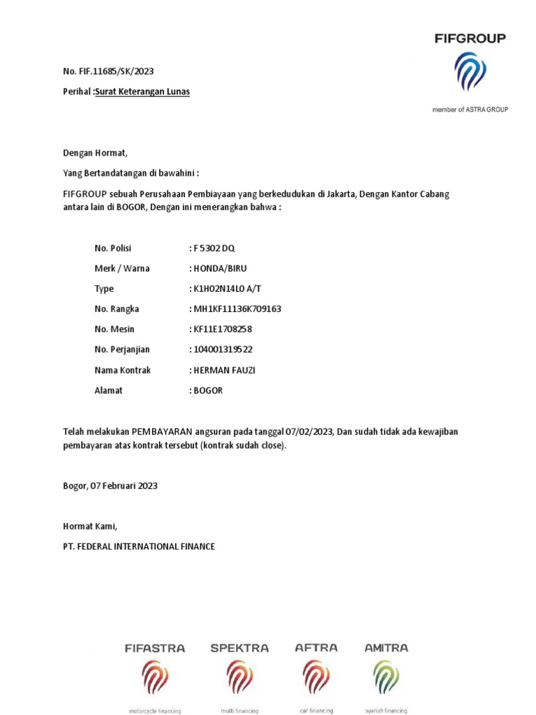 Surat Keterangan Lunas FIF 2023 | PDF | Pengelolaan Keuangan & Uang