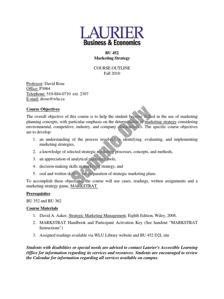 Laurier Strategic Marketing Management GREAT Schedule PDF Marketing