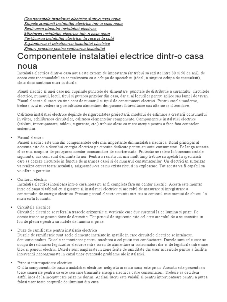 Componentele Instalatiei Electrice - GENERALITATI | PDF