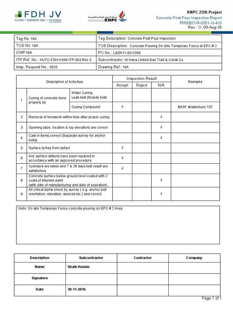 P055bzor0051Q410 Concrete Post Pour Inspection Report PDF Structural Engineering Civil