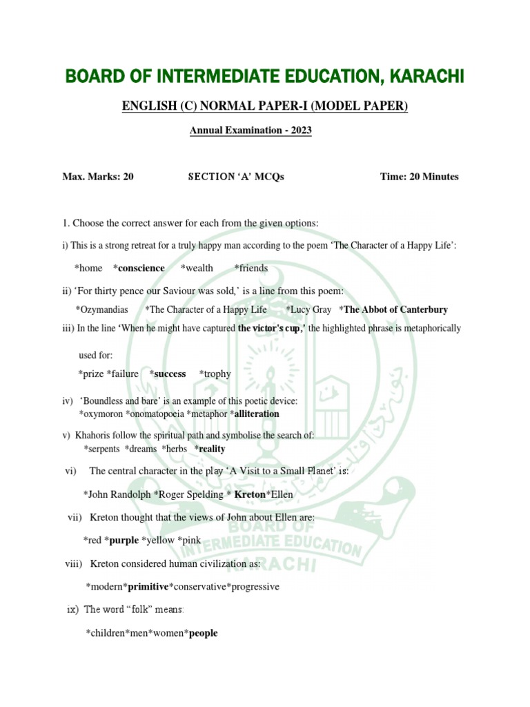 Karachi Board English Model Paper 2023 | PDF | Linguistic Morphology ...