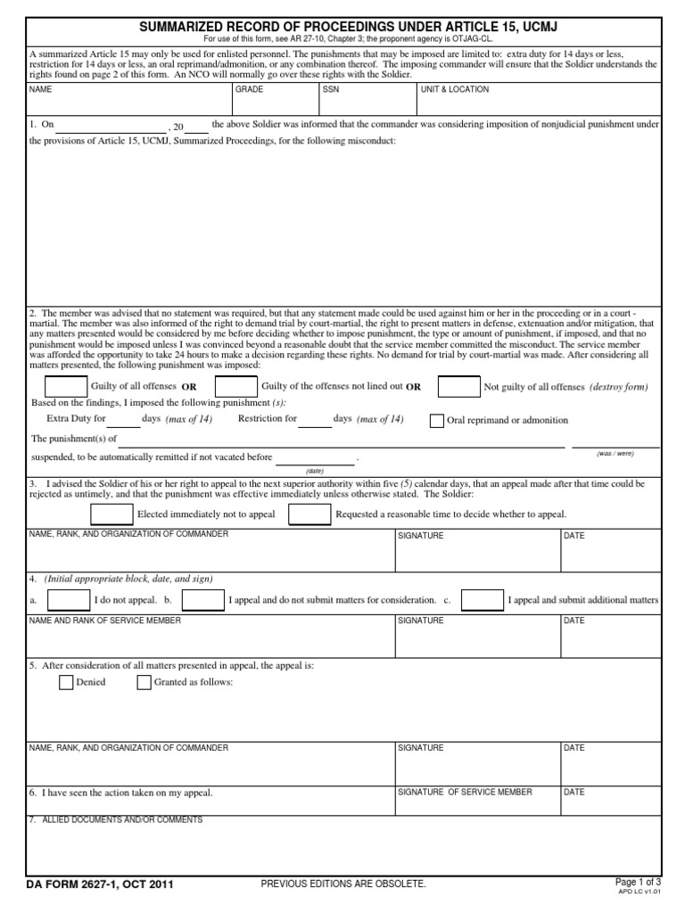 Summarized Record of Proceedings Under Article 15, Ucmj OR OR