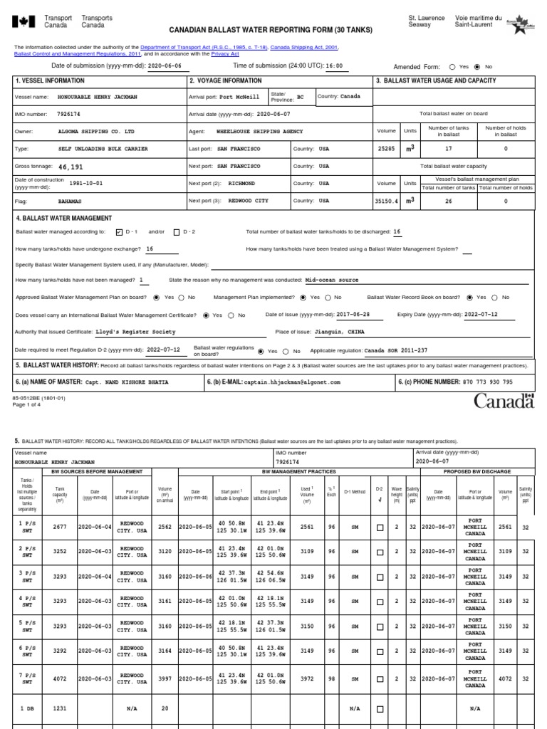 Canadian Ballast Water Reporting Form | PDF | Water Transport | Shipping
