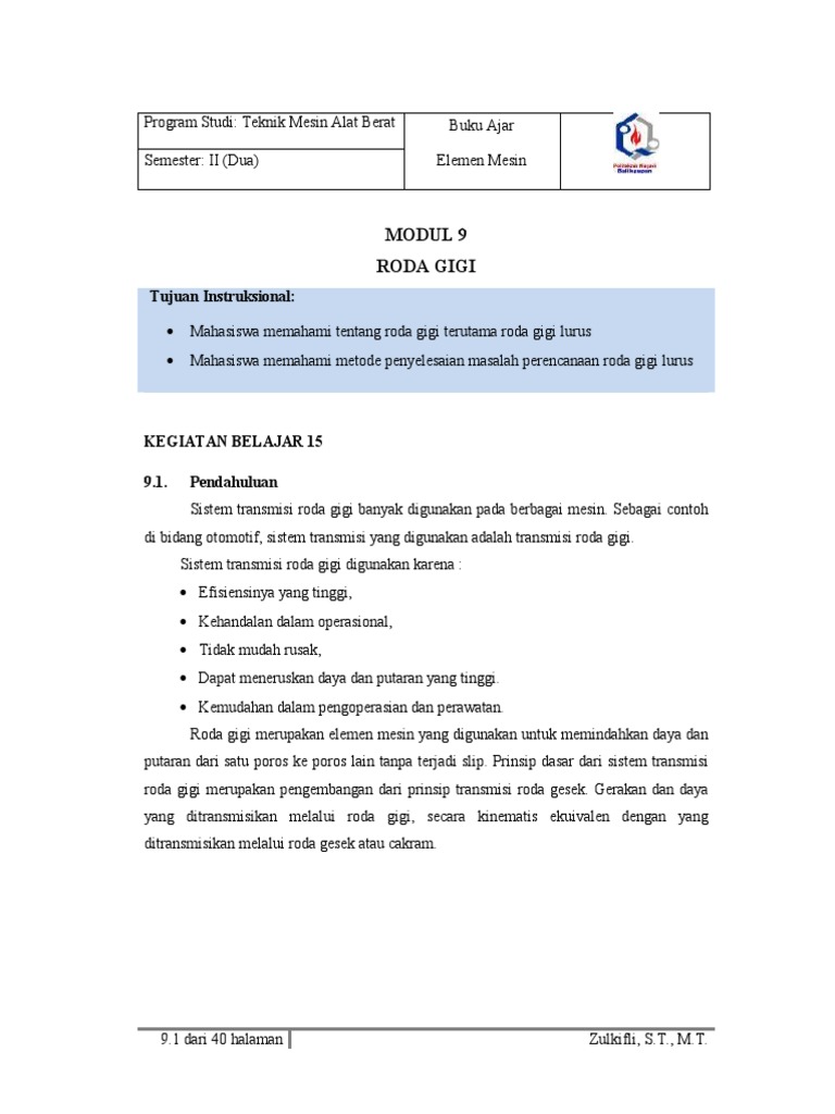 Modul Roda Gigi untuk Mahasiswa Teknik | PDF