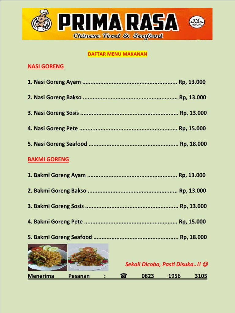 Daftar Menu Prima Rasa | PDF
