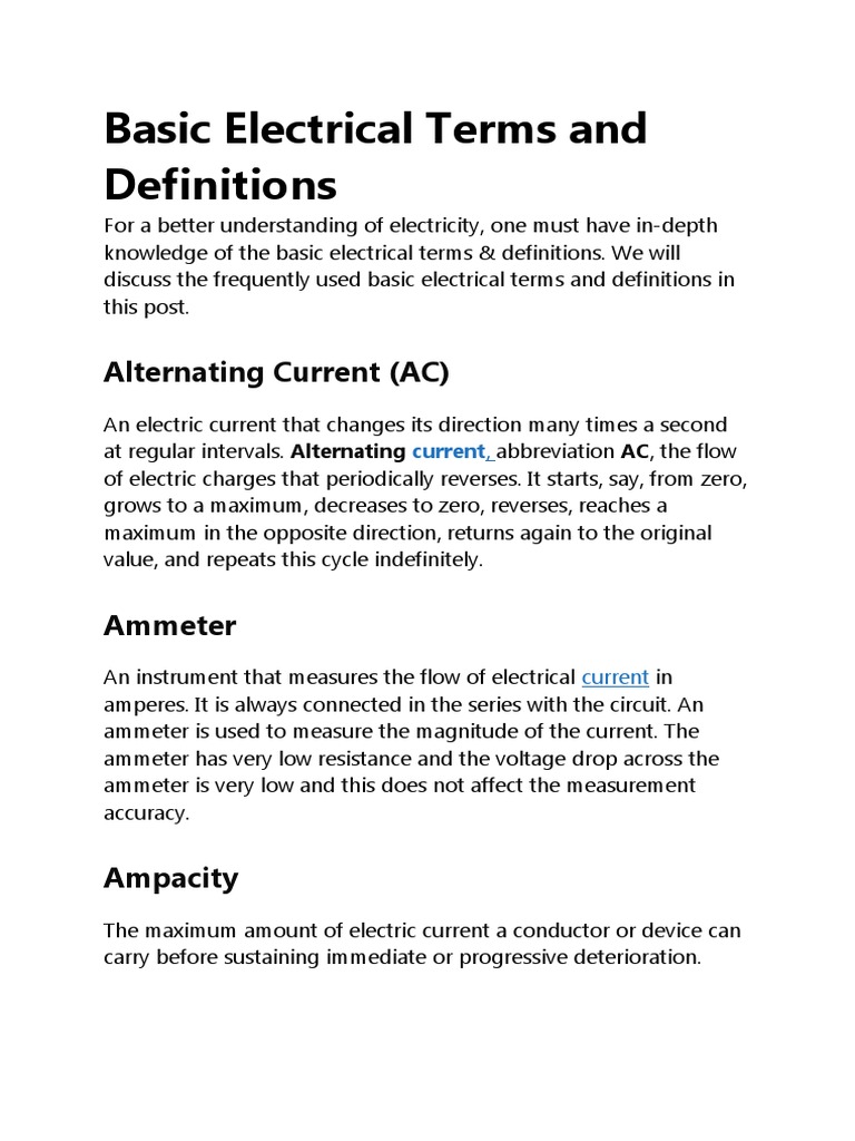 List Of Electrical Terms And Definitions