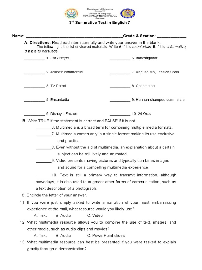 English 7 Summative Test Guide | PDF | Multimedia | Cognition