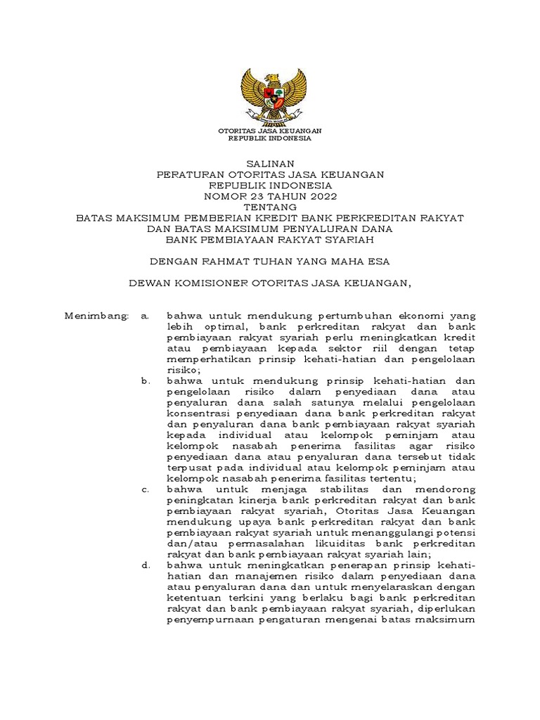 2022 - Pojk 23 - BMPK BPR BMPD BPRS | PDF