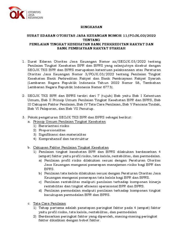 2022 - SE OJK 11 - (Ringkasan) Penilaian TKS BPR Dan BPRS | PDF