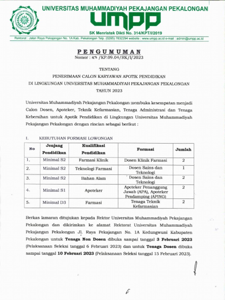 A152 Pengumuman Loker UMPP | PDF