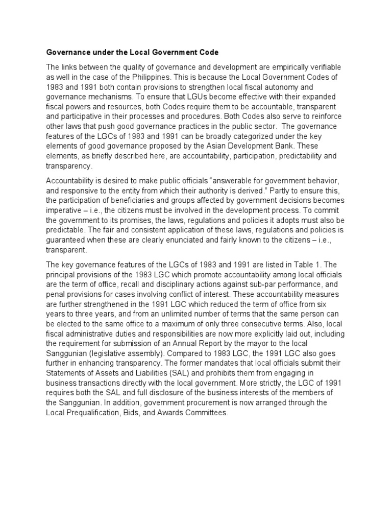 Governance under the local government code pdf governance good