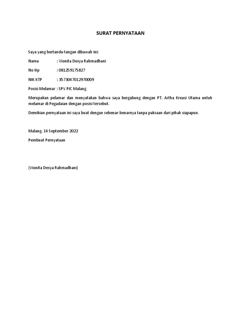 Surat Pernyataan Vio | PDF
