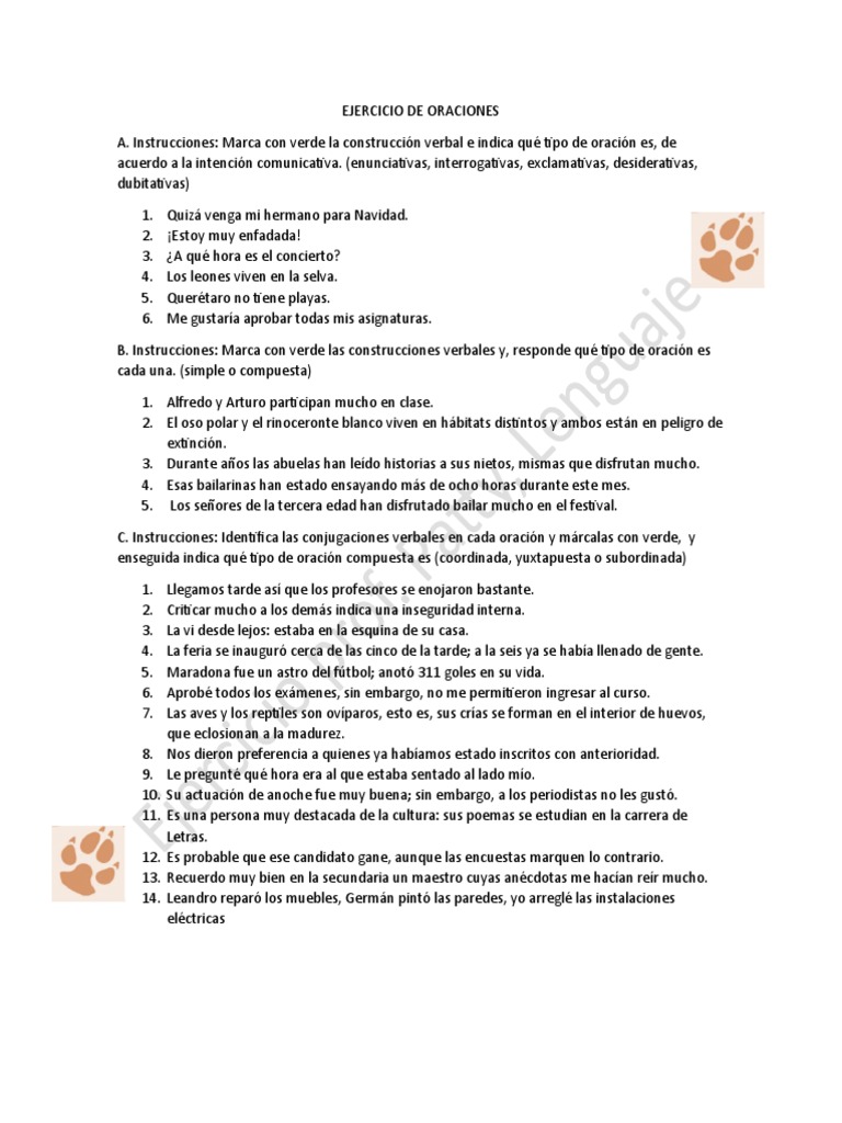 Ejercicio De Oraciones Pdf Oración Lingüística