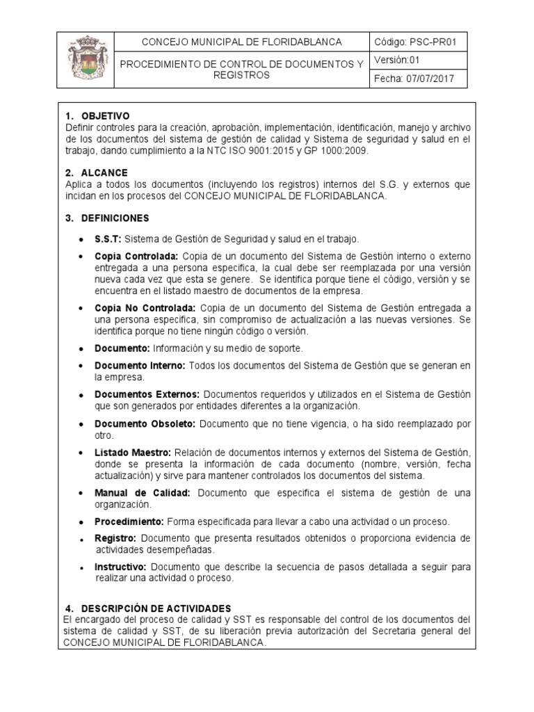 Procedimiento De Documentacion Y Control De Documentos Pdf Sistema