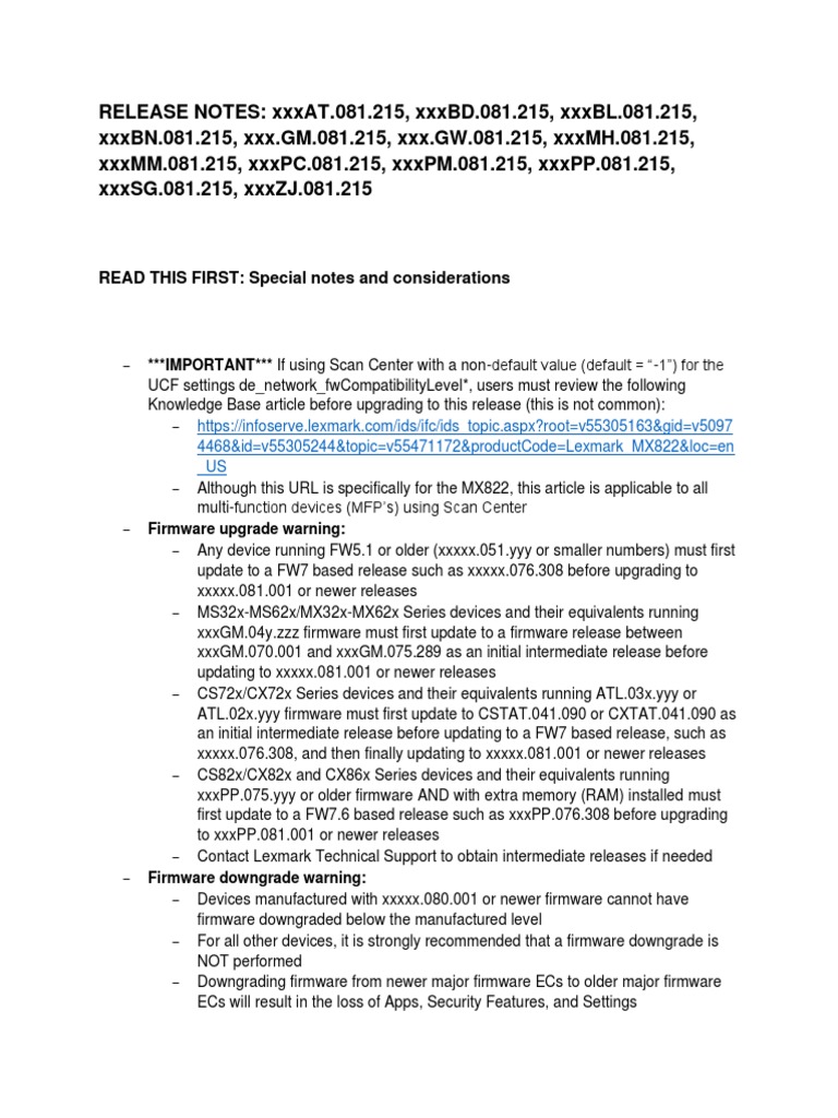 Lexmark Firmware Release Notes 081.215 | PDF | Fax | Booting