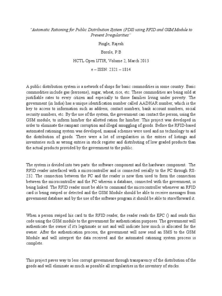 Automatic Rationing For Public Distribution System PDF Radio