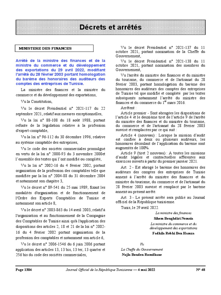 Arrete 2022 - 1407 Auditors Fees Scale | PDF | Tunisie