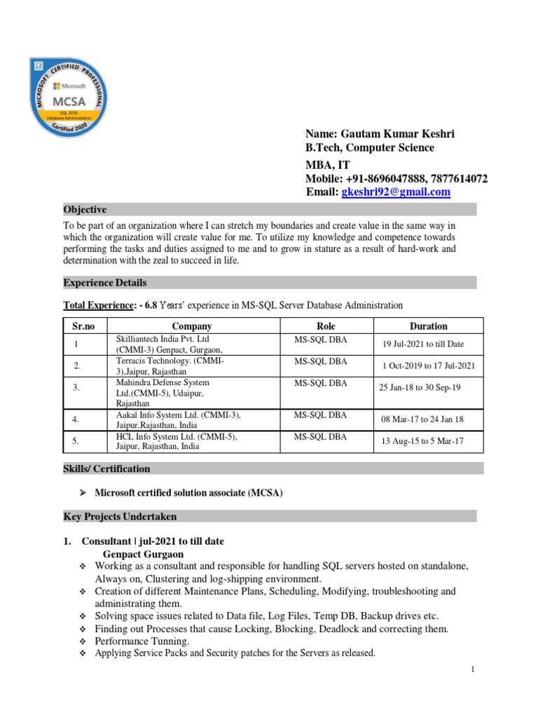 SQL DBA Resume of Gautam Keshri | PDF | Microsoft Sql Server | Databases